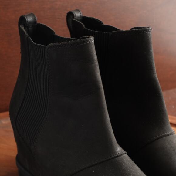 Sorel Boots WMS SZ 7.5 BLK Joan Rhapsody Wedge Leather Waterproof Ankle Pull On - Picture 6 of 15